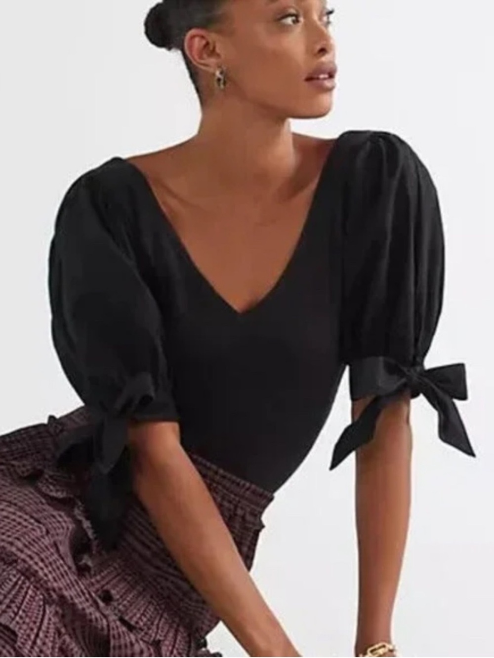 Anthropologie Maeve Black V-Neck Puff Sleeve Top with Tie Cuffs Ribbed Medium